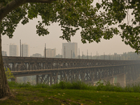 EDMONTON, CANADA - SEPTEMBER 03, 2023:
A view of the High Level Bridge in Edmonton amid wildfire smoke, on September 03, 2023, in Edmonton,...