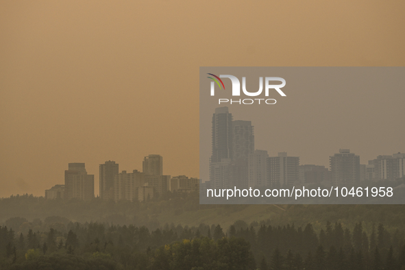 EDMONTON, CANADA - SEPTEMBER 03, 2023:
A view of Edmonton amid wildfire smoke, on September 03, 2023, in Edmonton, Canada.
Wildfires in west...