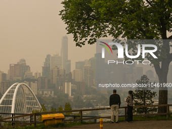 EDMONTON, CANADA - SEPTEMBER 03, 2023:
A view of downtown Edmonton amid wildfire smoke, on September 03, 2023, in Edmonton, Canada.
Wildfire...