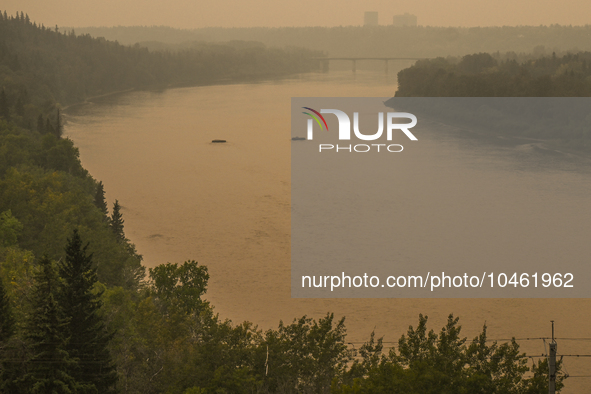 EDMONTON, CANADA - SEPTEMBER 03, 2023:
A view of the North Saskatchewan river in Edmonton area amid wildfire smoke, on September 03, 2023, i...