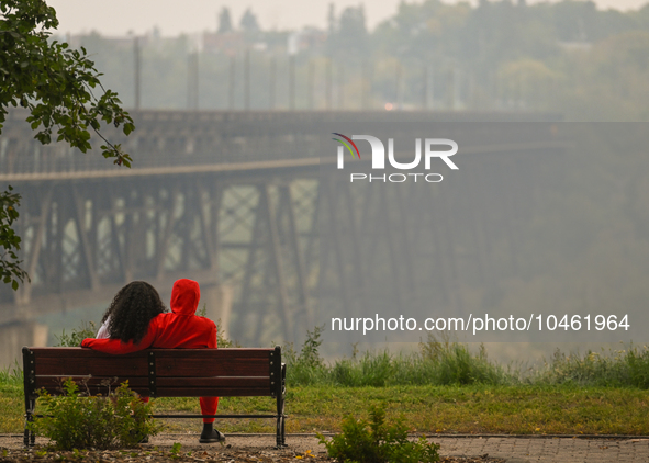 EDMONTON, CANADA - SEPTEMBER 03, 2023:
A view of the High Level Bridge in Edmonton amid wildfire smoke, on September 03, 2023, in Edmonton,...