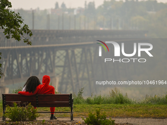 EDMONTON, CANADA - SEPTEMBER 03, 2023:
A view of the High Level Bridge in Edmonton amid wildfire smoke, on September 03, 2023, in Edmonton,...