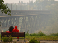 EDMONTON, CANADA - SEPTEMBER 03, 2023:
A view of the High Level Bridge in Edmonton amid wildfire smoke, on September 03, 2023, in Edmonton,...