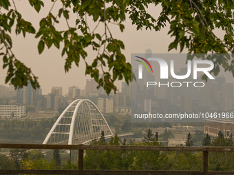 EDMONTON, CANADA - SEPTEMBER 03, 2023:
A view of downtown Edmonton amid wildfire smoke, on September 03, 2023, in Edmonton, Canada.
Wildfire...