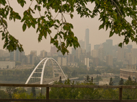 EDMONTON, CANADA - SEPTEMBER 03, 2023:
A view of downtown Edmonton amid wildfire smoke, on September 03, 2023, in Edmonton, Canada.
Wildfire...