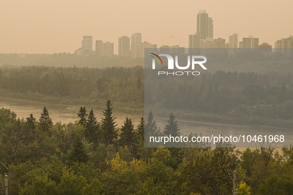 EDMONTON, CANADA - SEPTEMBER 03, 2023:
A view of the North Saskatchewan river in Edmonton area amid wildfire smoke, on September 03, 2023, i...