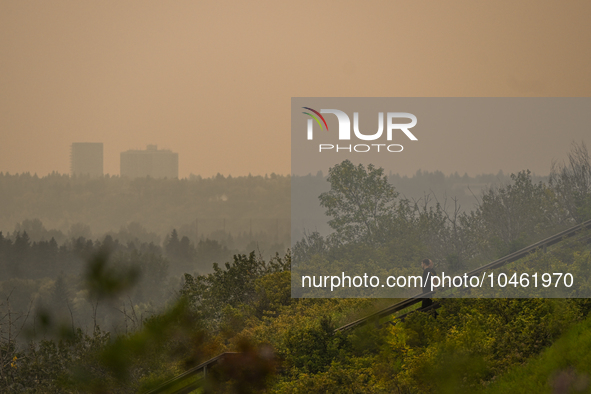 EDMONTON, CANADA - SEPTEMBER 03, 2023:
A view of Edmonton amid wildfire smoke, on September 03, 2023, in Edmonton, Canada.
Wildfires in west...