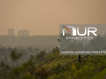 EDMONTON, CANADA - SEPTEMBER 03, 2023:
A view of Edmonton amid wildfire smoke, on September 03, 2023, in Edmonton, Canada.
Wildfires in west...