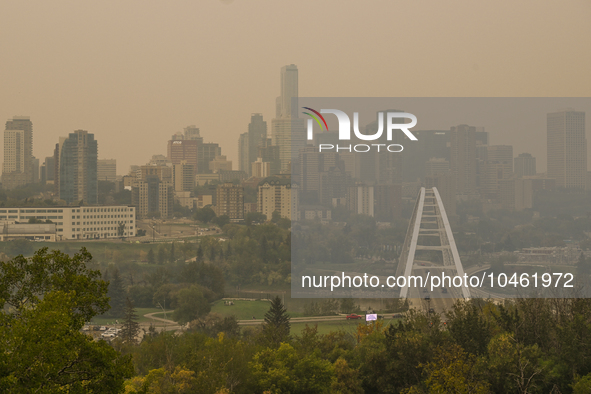 EDMONTON, CANADA - SEPTEMBER 03, 2023:
A view of downtown Edmonton amid wildfire smoke, on September 03, 2023, in Edmonton, Canada.
Wildfire...