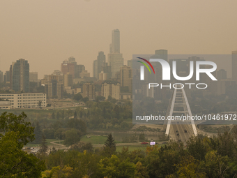 EDMONTON, CANADA - SEPTEMBER 03, 2023:
A view of downtown Edmonton amid wildfire smoke, on September 03, 2023, in Edmonton, Canada.
Wildfire...