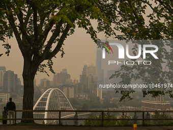 EDMONTON, CANADA - SEPTEMBER 03, 2023:
A view of downtown Edmonton amid wildfire smoke, on September 03, 2023, in Edmonton, Canada.
Wildfire...