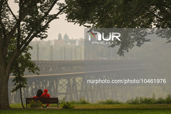 EDMONTON, CANADA - SEPTEMBER 03, 2023:
A view of the High Level Bridge in Edmonton amid wildfire smoke, on September 03, 2023, in Edmonton,...