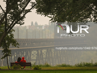 EDMONTON, CANADA - SEPTEMBER 03, 2023:
A view of the High Level Bridge in Edmonton amid wildfire smoke, on September 03, 2023, in Edmonton,...