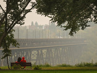 EDMONTON, CANADA - SEPTEMBER 03, 2023:
A view of the High Level Bridge in Edmonton amid wildfire smoke, on September 03, 2023, in Edmonton,...