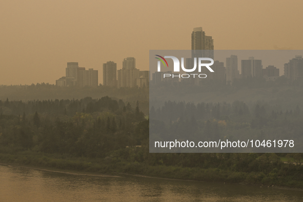 EDMONTON, CANADA - SEPTEMBER 03, 2023:
A view of downtown Edmonton amid wildfire smoke, on September 03, 2023, in Edmonton, Canada.
Wildfire...