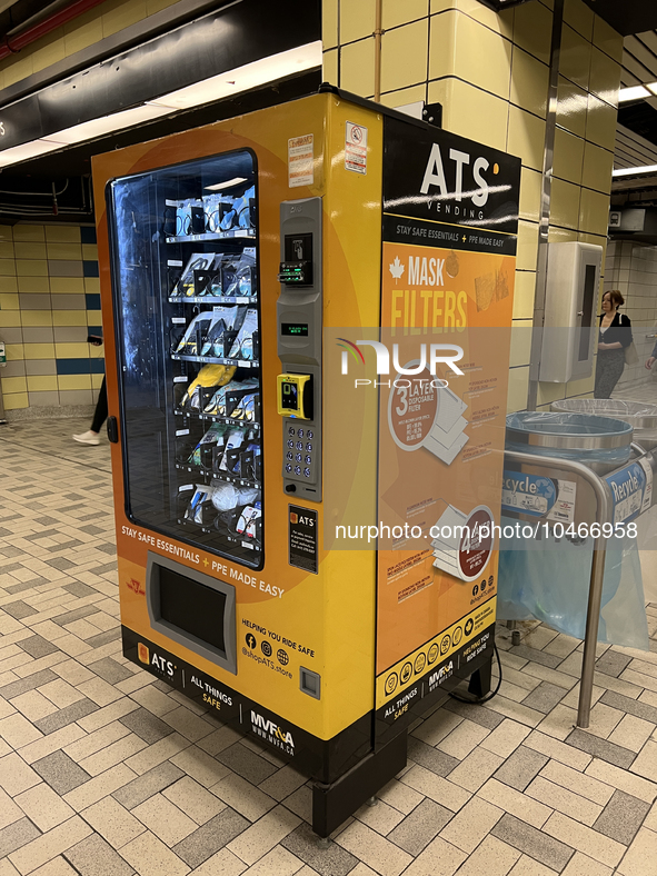 Vending machine offering face masks and hand sanitizer at a subway station in Toronto, Ontario, Canada on August 19, 2023. Heath officials h...