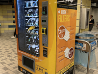 Vending machine offering face masks and hand sanitizer at a subway station in Toronto, Ontario, Canada on August 19, 2023. Heath officials h...