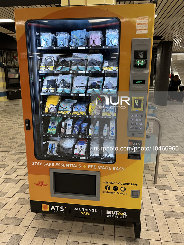 Vending machine offering face masks and hand sanitizer at a subway station in Toronto, Ontario, Canada on August 19, 2023. Heath officials h...