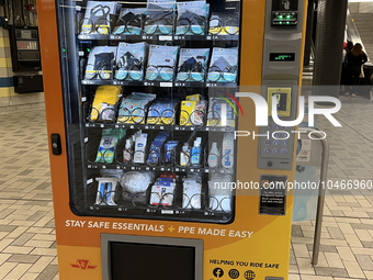 Vending machine offering face masks and hand sanitizer at a subway station in Toronto, Ontario, Canada on August 19, 2023. Heath officials h...