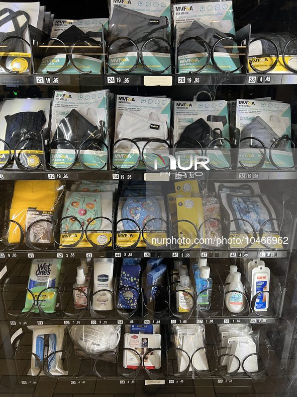 Vending machine offering face masks and hand sanitizer at a subway station in Toronto, Ontario, Canada on August 19, 2023. Heath officials h...