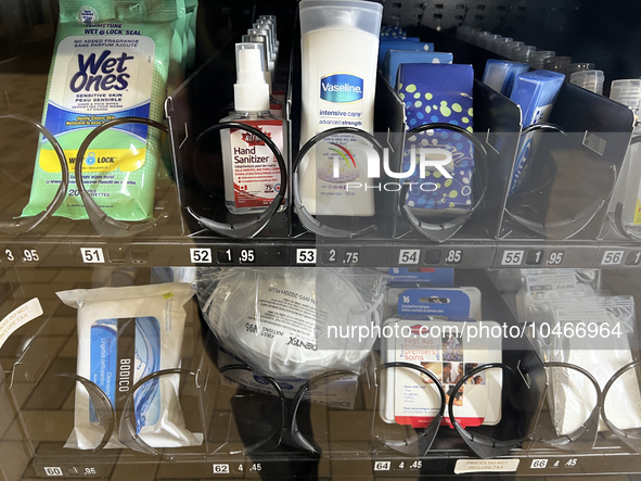 Vending machine offering face masks and hand sanitizer at a subway station in Toronto, Ontario, Canada on August 19, 2023. Heath officials h...