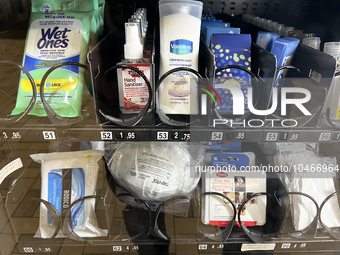 Vending machine offering face masks and hand sanitizer at a subway station in Toronto, Ontario, Canada on August 19, 2023. Heath officials h...