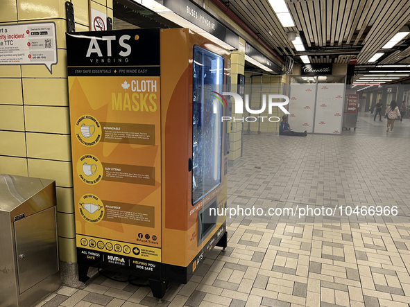 Vending machine offering face masks and hand sanitizer at a subway station in Toronto, Ontario, Canada on August 19, 2023. Heath officials h...