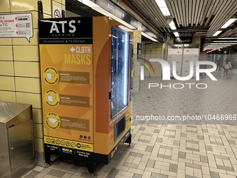 Vending machine offering face masks and hand sanitizer at a subway station in Toronto, Ontario, Canada on August 19, 2023. Heath officials h...