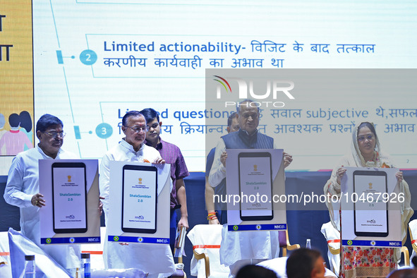 

Rajasthan Chief Minister Ashok Gehlot and State Education Minister BD Kalla are launching an app during a felicitation ceremony on the occ...