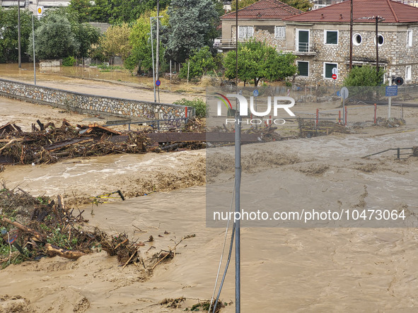 The aftermath of the fierce rainstorms hit central Greece showing the damage from the floods while roads are still covered by floodwater and...