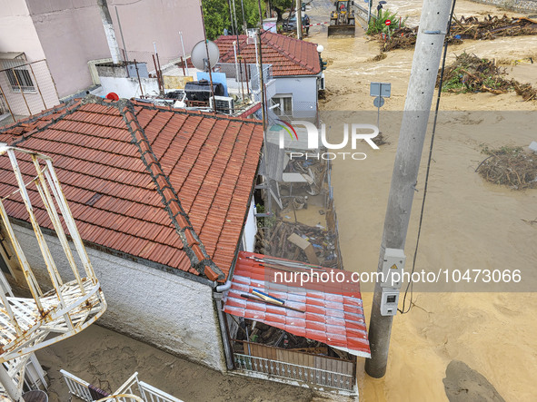 The aftermath of the fierce rainstorms hit central Greece showing the damage from the floods while roads are still covered by floodwater and...