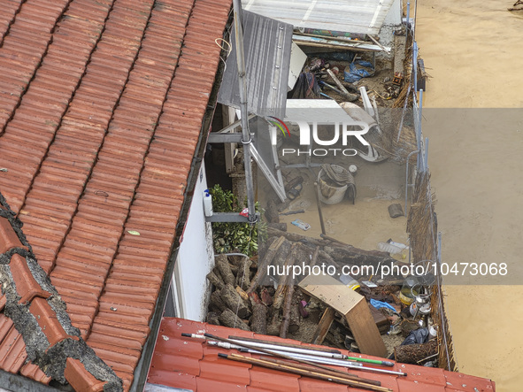 The aftermath of the fierce rainstorms hit central Greece showing the damage from the floods while roads are still covered by floodwater and...