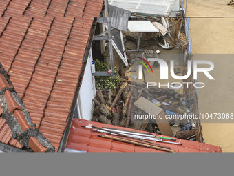 The aftermath of the fierce rainstorms hit central Greece showing the damage from the floods while roads are still covered by floodwater and...