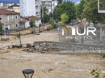 The aftermath of the fierce rainstorms hit central Greece showing the damage from the floods while roads are still covered by floodwater and...