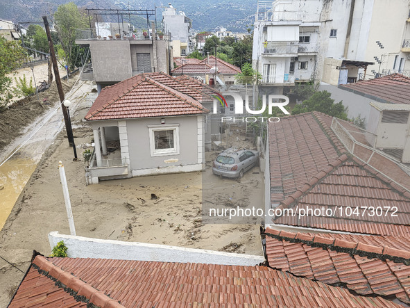 The aftermath of the fierce rainstorms hit central Greece showing the damage from the floods while roads are still covered by floodwater and...