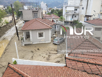 The aftermath of the fierce rainstorms hit central Greece showing the damage from the floods while roads are still covered by floodwater and...