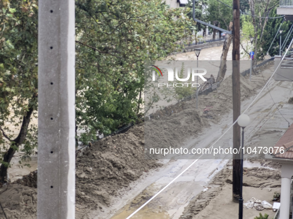 The aftermath of the fierce rainstorms hit central Greece showing the damage from the floods while roads are still covered by floodwater and...