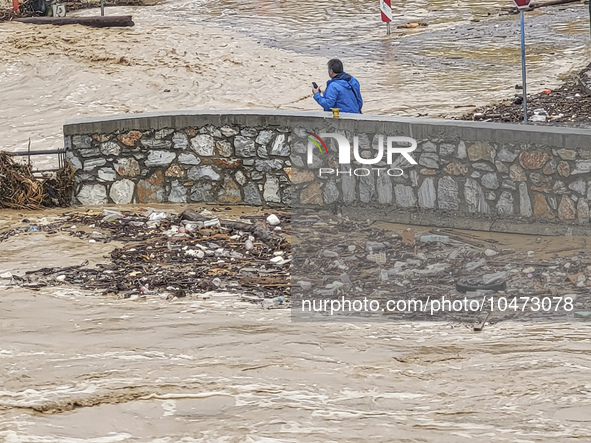 The aftermath of the fierce rainstorms hit central Greece showing the damage from the floods while roads are still covered by floodwater and...