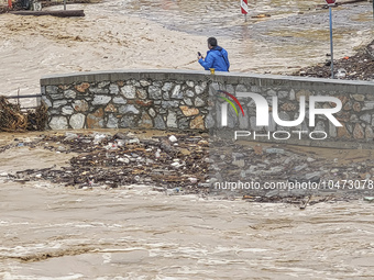 The aftermath of the fierce rainstorms hit central Greece showing the damage from the floods while roads are still covered by floodwater and...