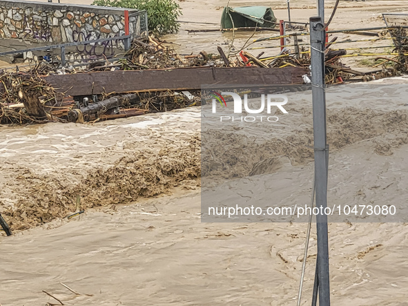 The aftermath of the fierce rainstorms hit central Greece showing the damage from the floods while roads are still covered by floodwater and...