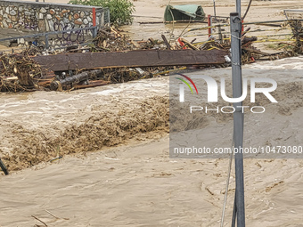 The aftermath of the fierce rainstorms hit central Greece showing the damage from the floods while roads are still covered by floodwater and...