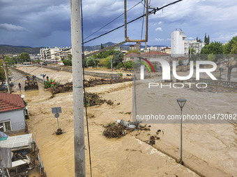 The aftermath of the fierce rainstorms hit central Greece showing the damage from the floods while roads are still covered by floodwater and...