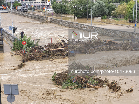 The aftermath of the fierce rainstorms hit central Greece showing the damage from the floods while roads are still covered by floodwater and...