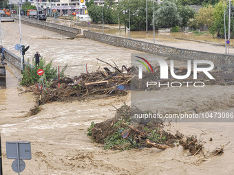 The aftermath of the fierce rainstorms hit central Greece showing the damage from the floods while roads are still covered by floodwater and...