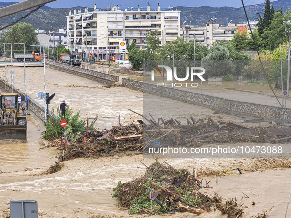 The aftermath of the fierce rainstorms hit central Greece showing the damage from the floods while roads are still covered by floodwater and...