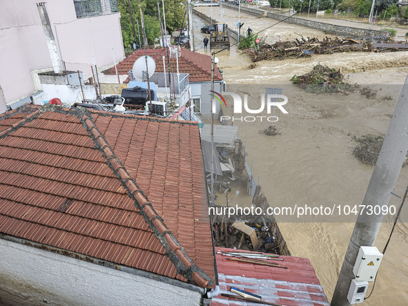 The aftermath of the fierce rainstorms hit central Greece showing the damage from the floods while roads are still covered by floodwater and...