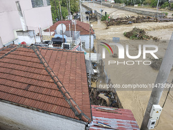 The aftermath of the fierce rainstorms hit central Greece showing the damage from the floods while roads are still covered by floodwater and...