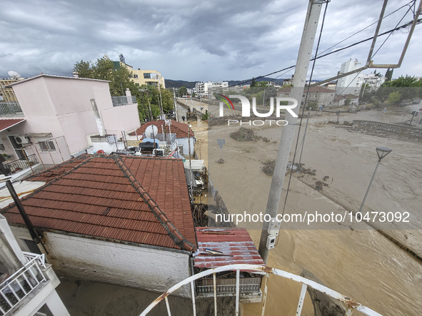 The aftermath of the fierce rainstorms hit central Greece showing the damage from the floods while roads are still covered by floodwater and...