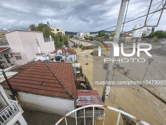 The aftermath of the fierce rainstorms hit central Greece showing the damage from the floods while roads are still covered by floodwater and...