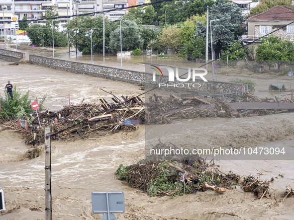 The aftermath of the fierce rainstorms hit central Greece showing the damage from the floods while roads are still covered by floodwater and...